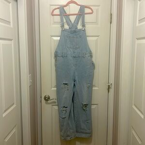 JUST A NORMAL GIRL LIGHT WASH DISTRESSED STRAIGHT LEG DENIM OVERALLS